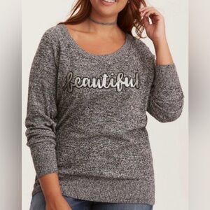 Torrid Gray Sequin “Beautiful” Raglan Sweater